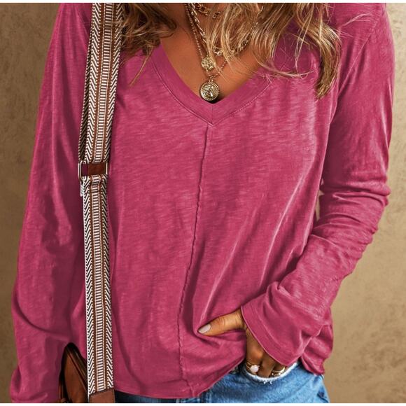 None Tops - Laurel V-Neck Oversized Exposed Seam Long Sleeve Boho T-Shirt NWOT WOMEN'S